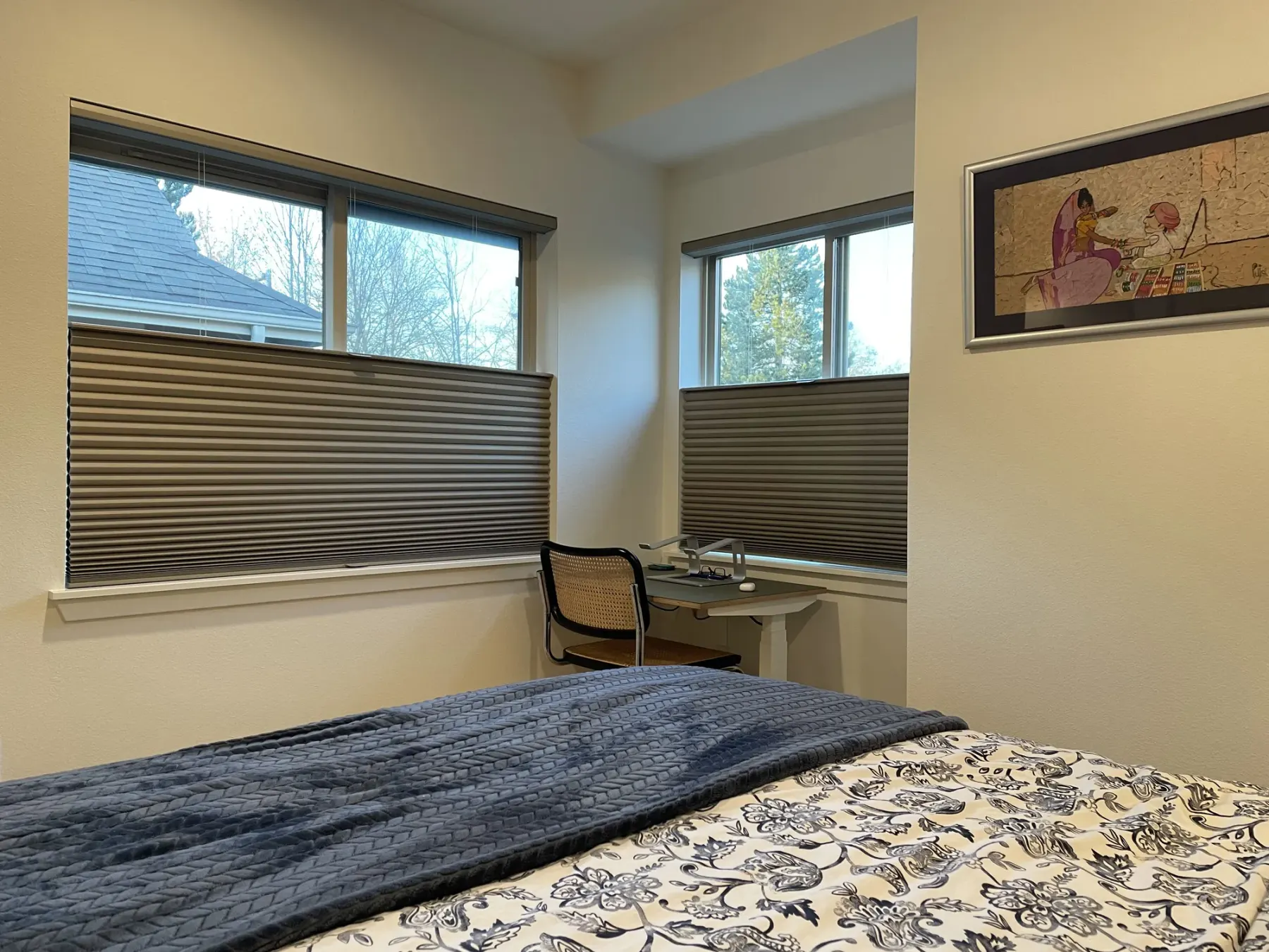 Blackout honeycomb shades with top-down bottom-up in a Redmond bedroom