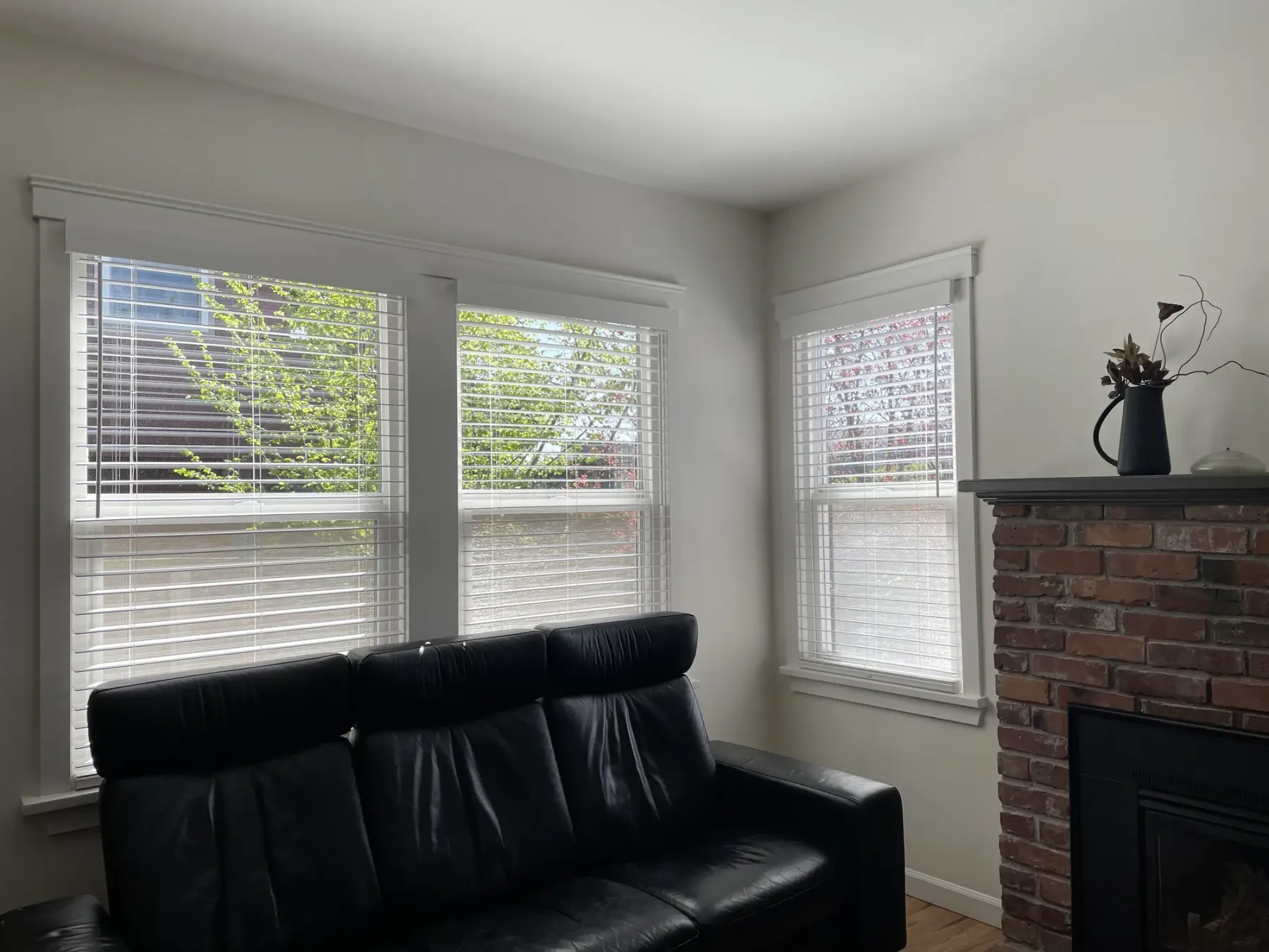 Faux wood blinds in a Seattle living room