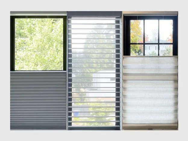 Collage of honeycomb and Roman shades lowered from the top, alongside Silhouette sheer shades with open fabric vanes.