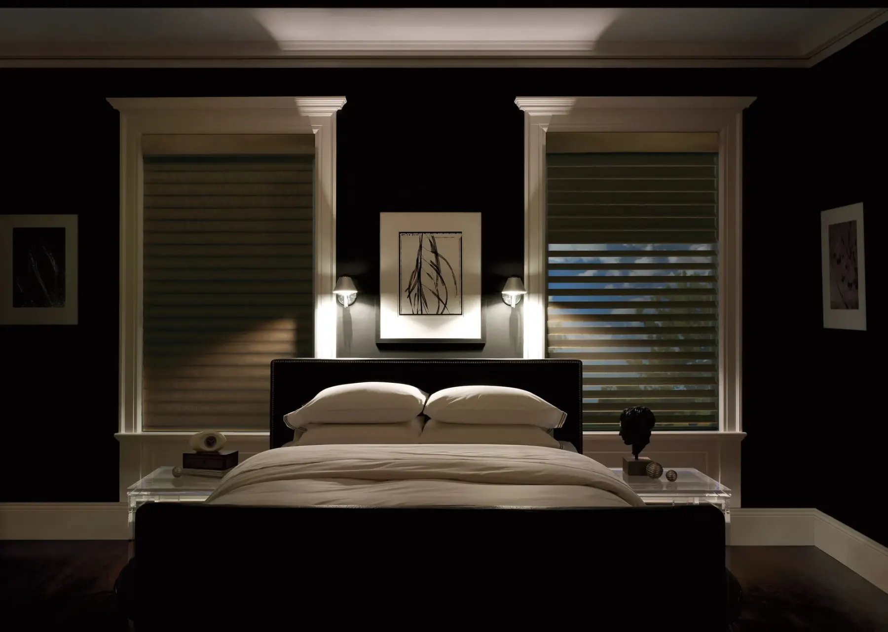 Silhouette A Deux sheer shading with a room darkening roller shade in a bedroom