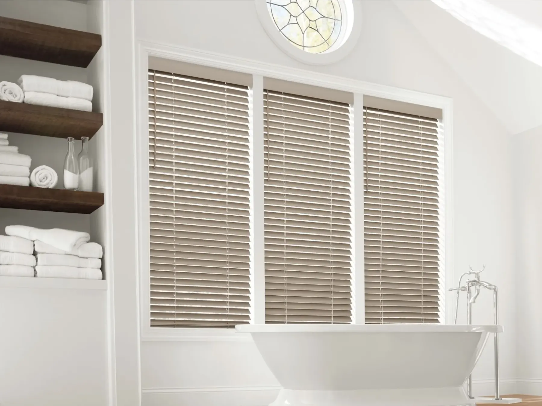 Hunter Douglas everwood alternative wood blinds in a bathroom