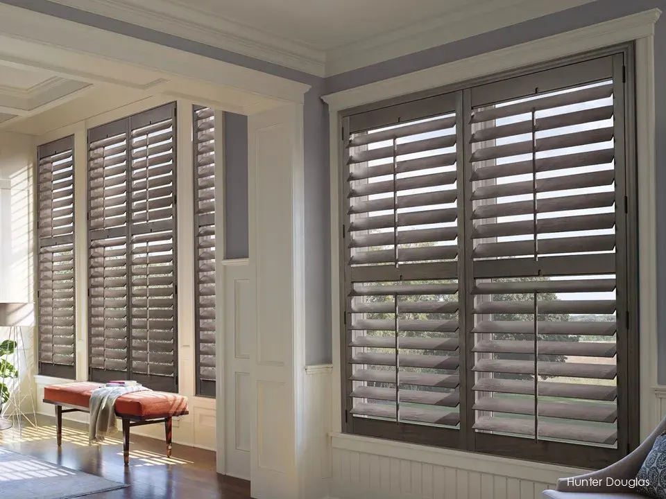 Hunter Douglas Heritance hardwood shutters in a living room