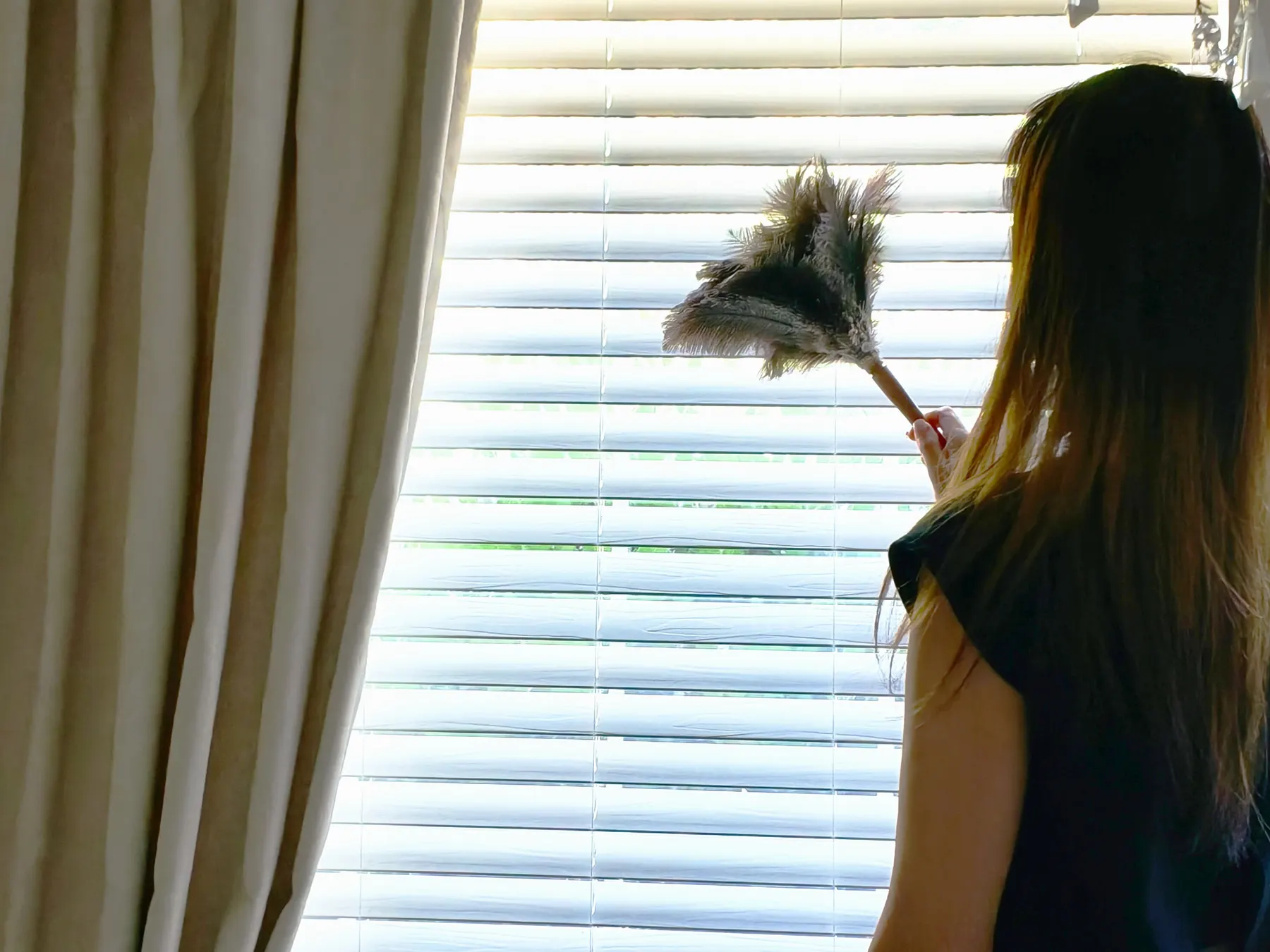 Lady cleaning blinds using a feather duster in Redmond, WA