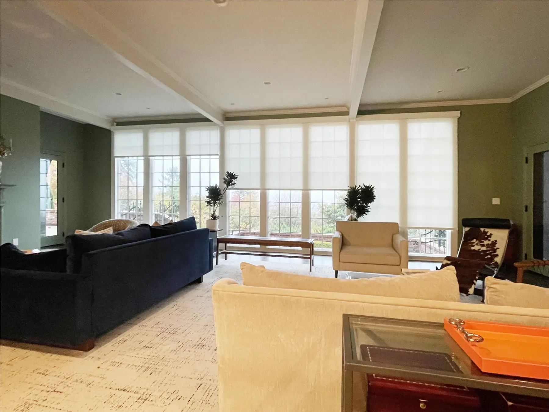 Motorized roller shades on large windows in a Seattle living room