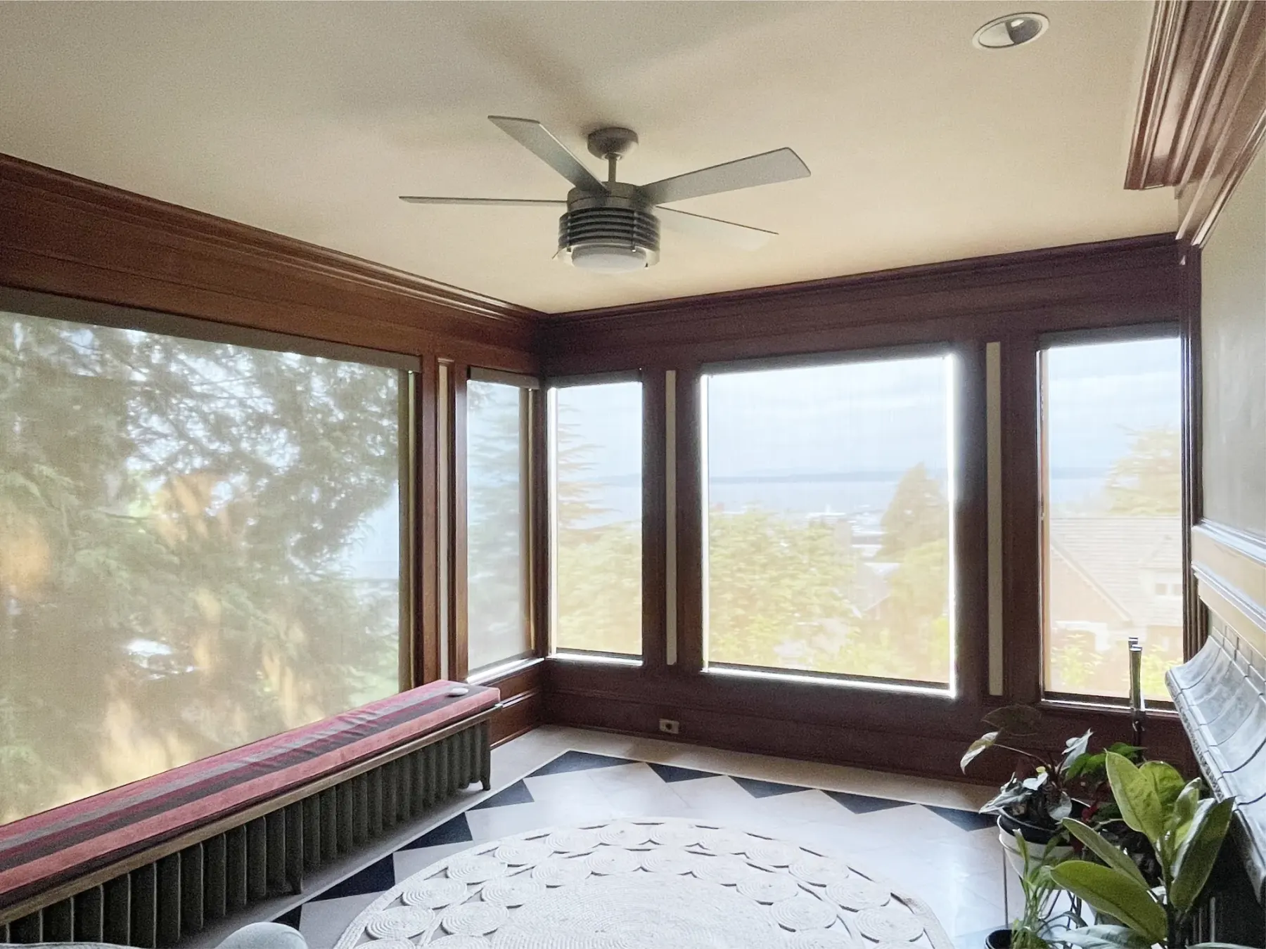 Motorized solar shades installed in a Seattle sunroom