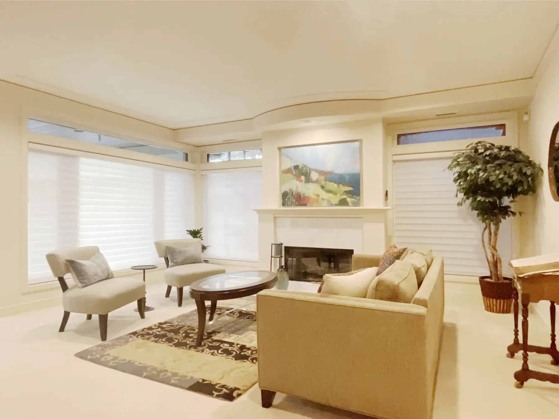 Silhouette sheer shades for large windows in a Kirkland living room