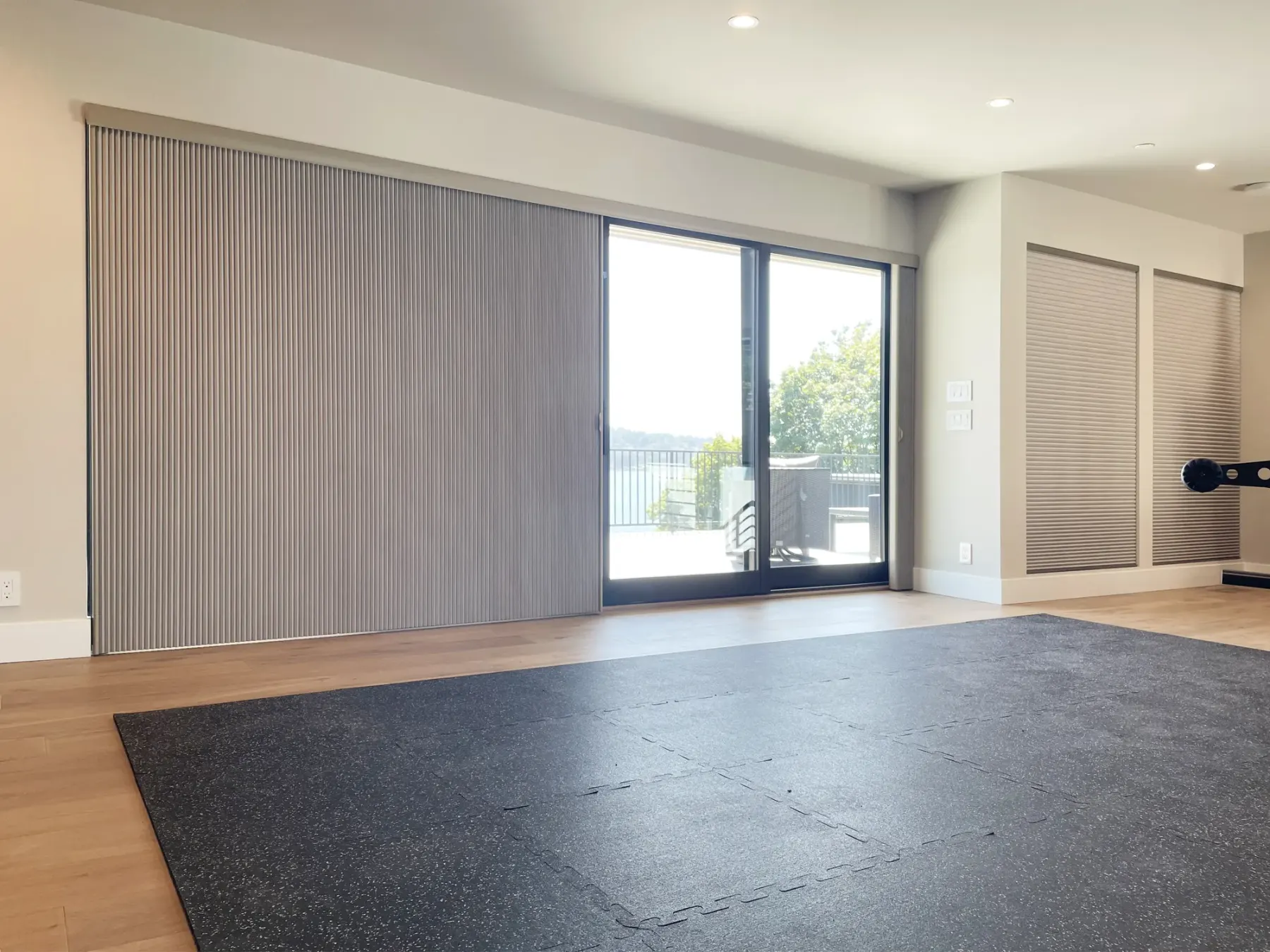 Vertical honeycomb shades for a large sliding glass door and motorized top-down/bottom-up honeycomb shades for the windows in a Mercer Island WA home