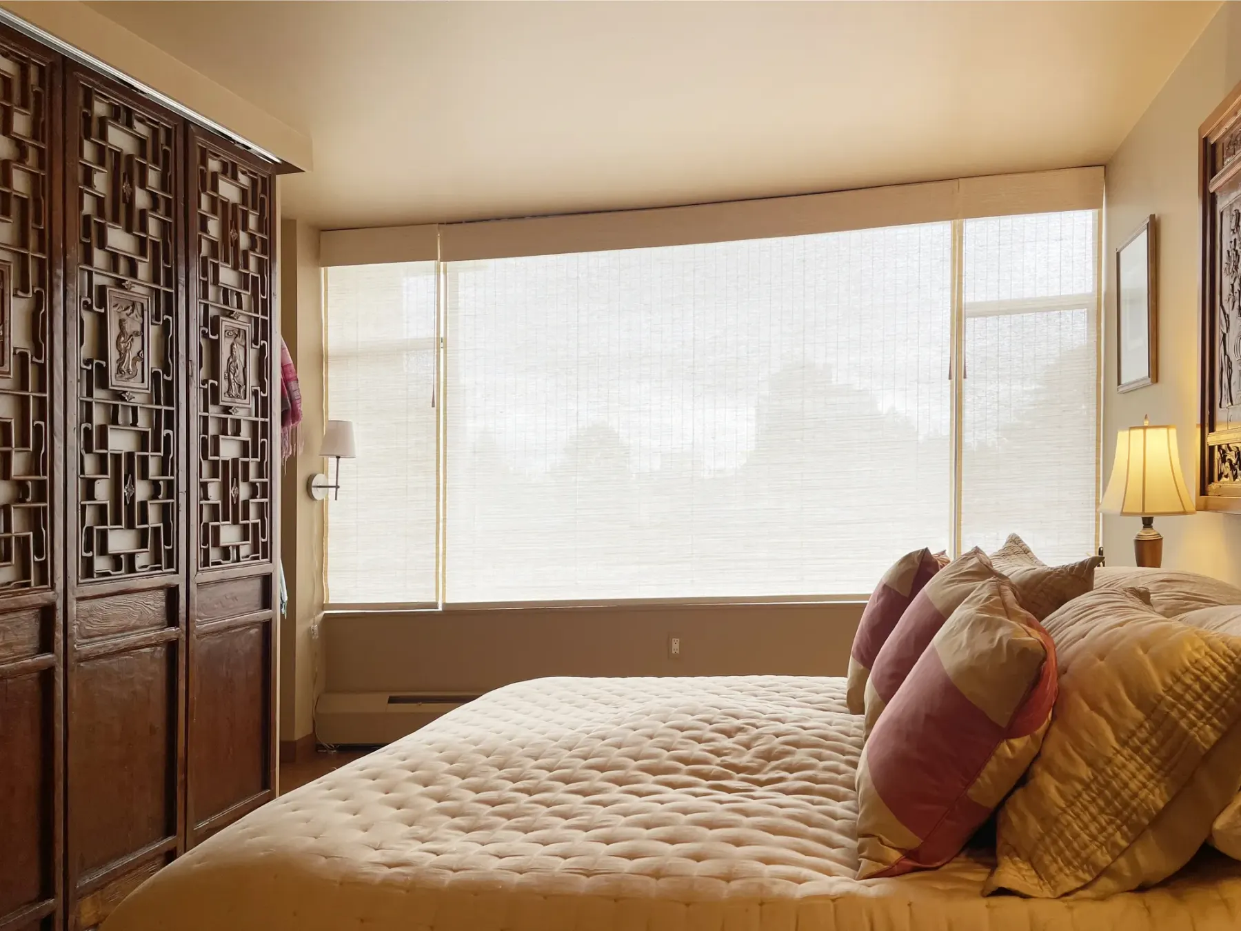 Woven wood shades in a bedroom in Seattle