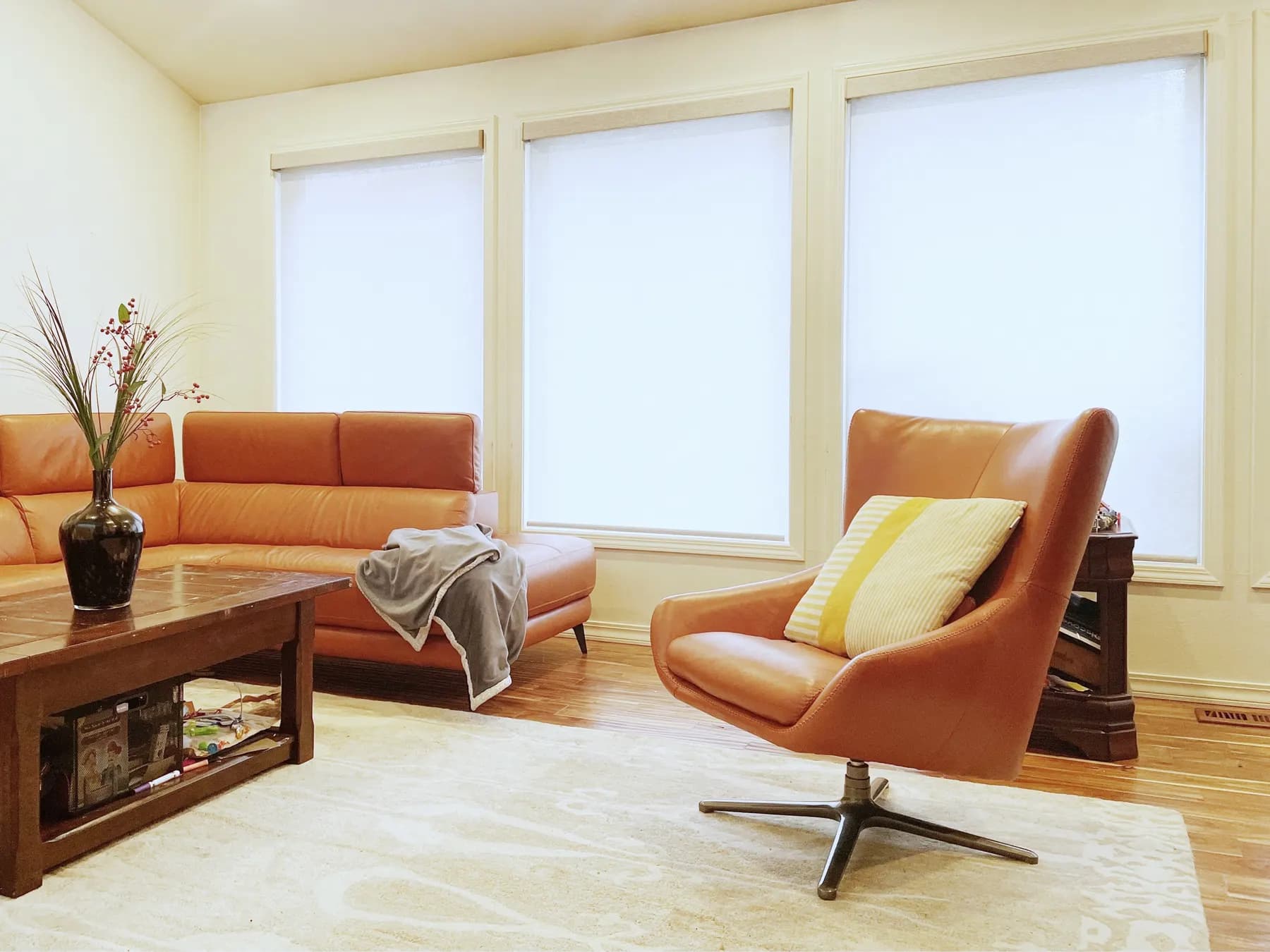 Motorized roller shades for a living room in Bellevue, WA