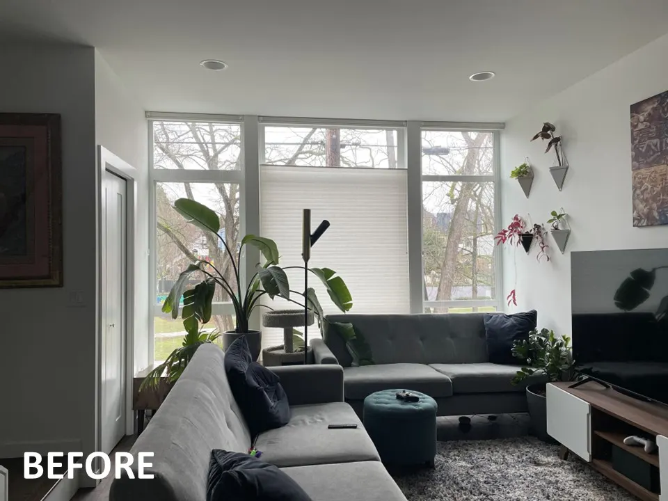 Living Room with Existing Broken Honeycomb Shades Before Replacement in Seattle