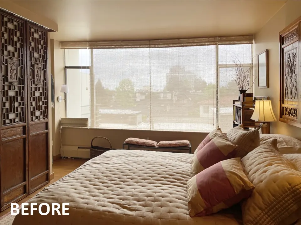 Existing Shades Before New Woven & Roller Shades were Installed in Madison, Seattle Bedroom