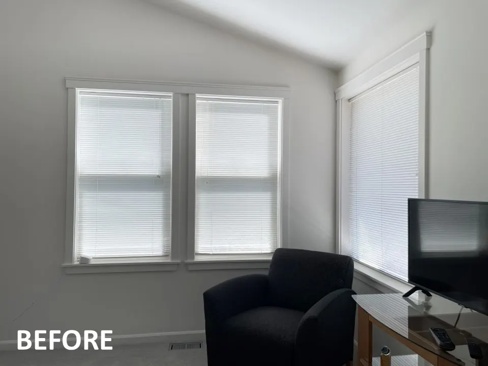 Existing Mini Blinds Before New Faux Wood Blinds for a Bedroom in a Ballard, Seattle Home