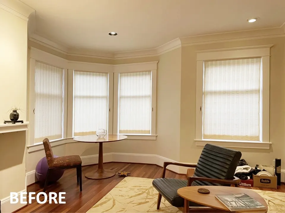 Existing Roman Shades Before Replacement for a Front Living Room in Madrona, Seattle