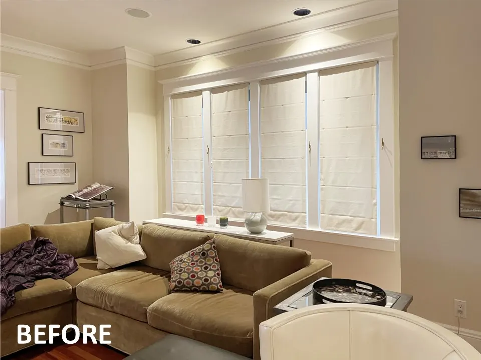 Existing Roman Shades Before Replacement for a Living Room in Madrona, Seattle