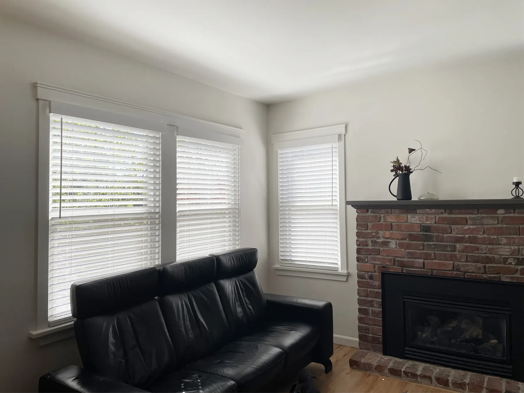 Faux Wood Blinds Partially Tilted for Living Room Windows in a Ballard, Seattle Home