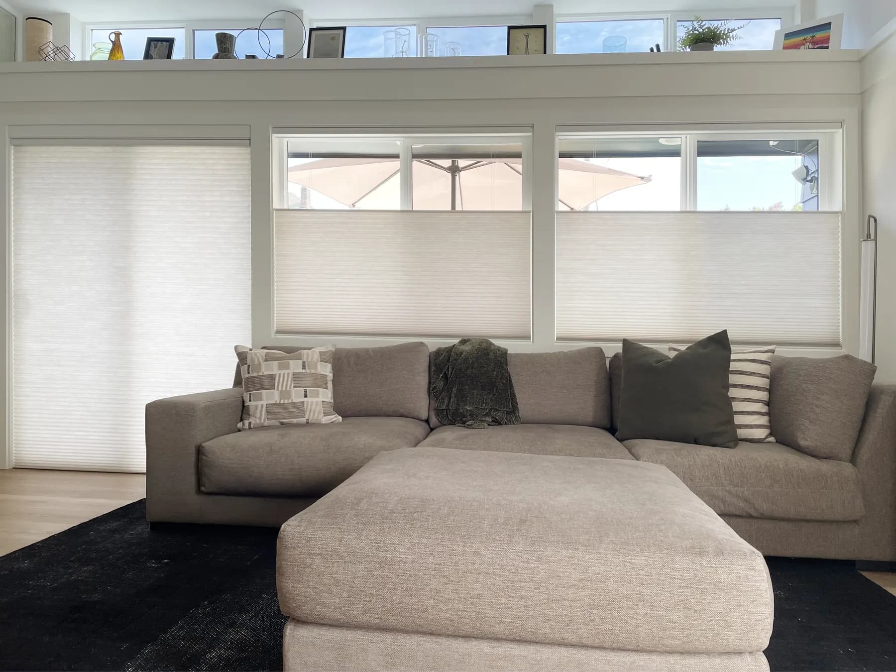 Motorized Honeycomb Shades for a Living Room Sliding Door & Windows in West Seattle