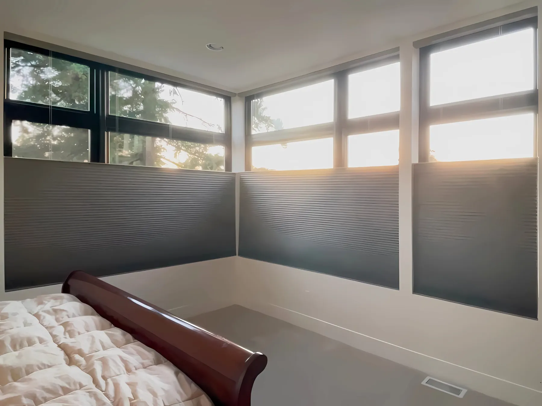Motorized Honeycomb Shades for Large Bedroom Windows in Mercer Island