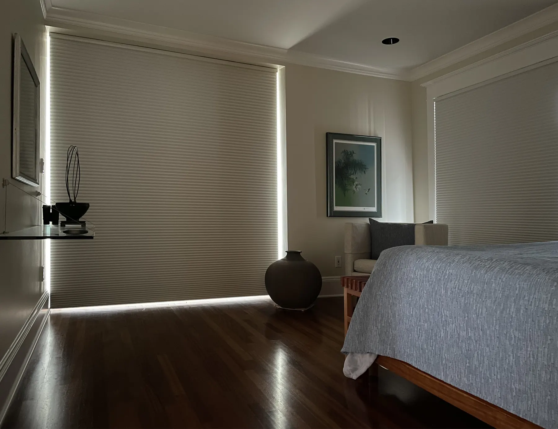 Motorized Honeycomb Shades for French Doors & Sidelight for a Bedroom in Madrona, Seattle