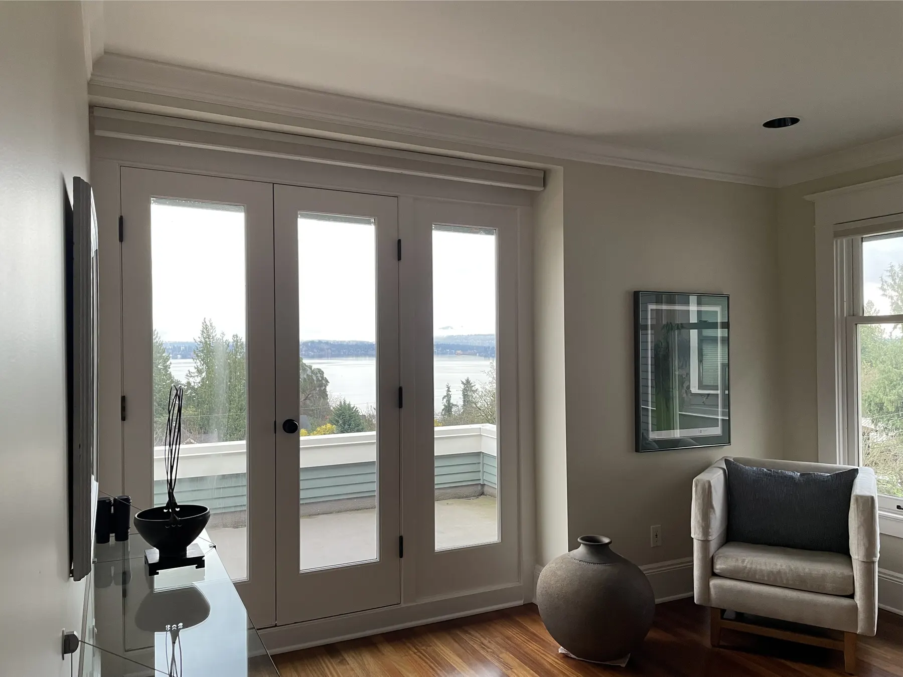 Motorized Honeycomb Shades Raised for a Bedroom with a View in Madrona, Seattle 2