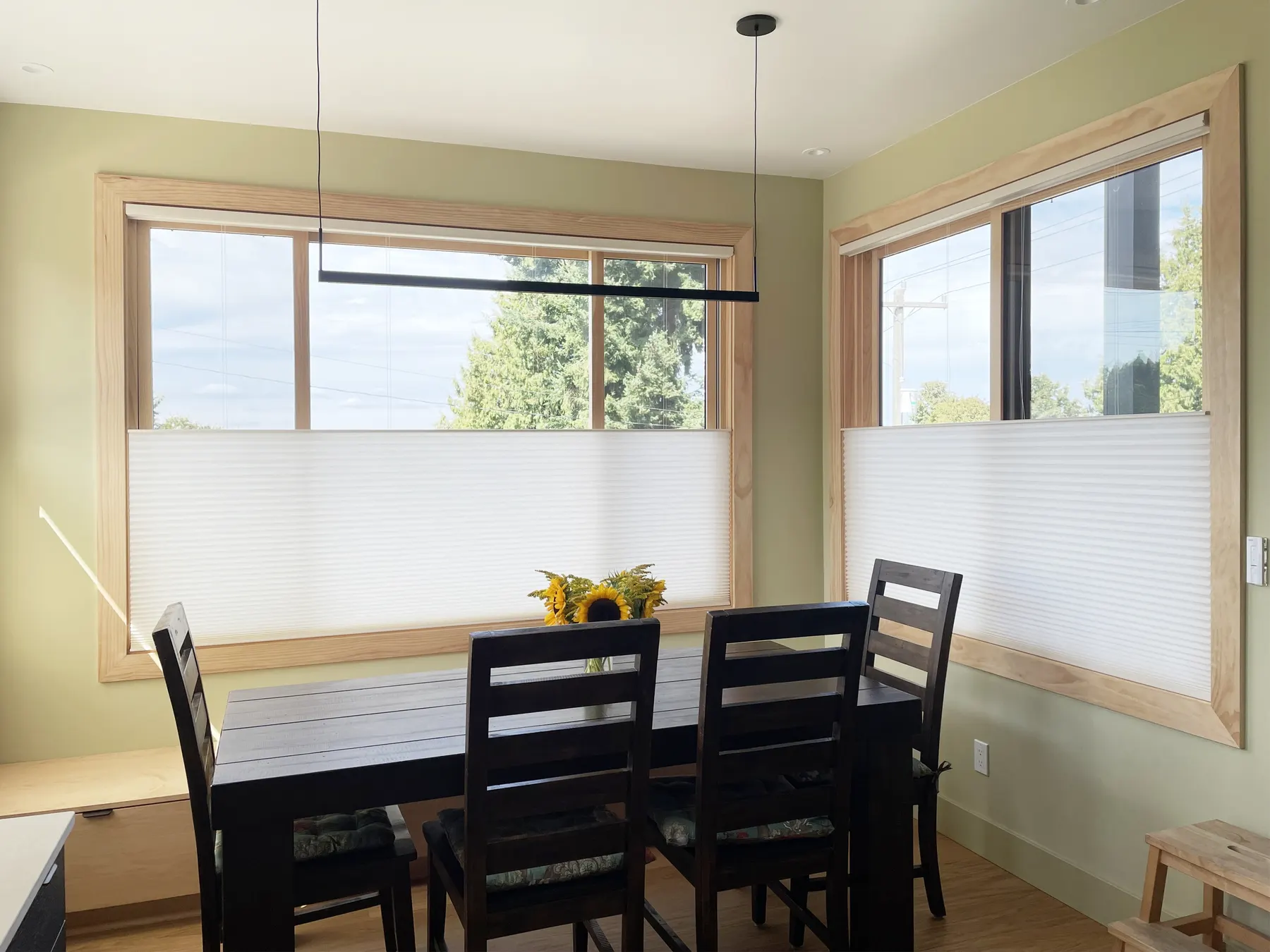Motorized Honeycomb Shades for Wide Windows in West Seattle Dining Room
