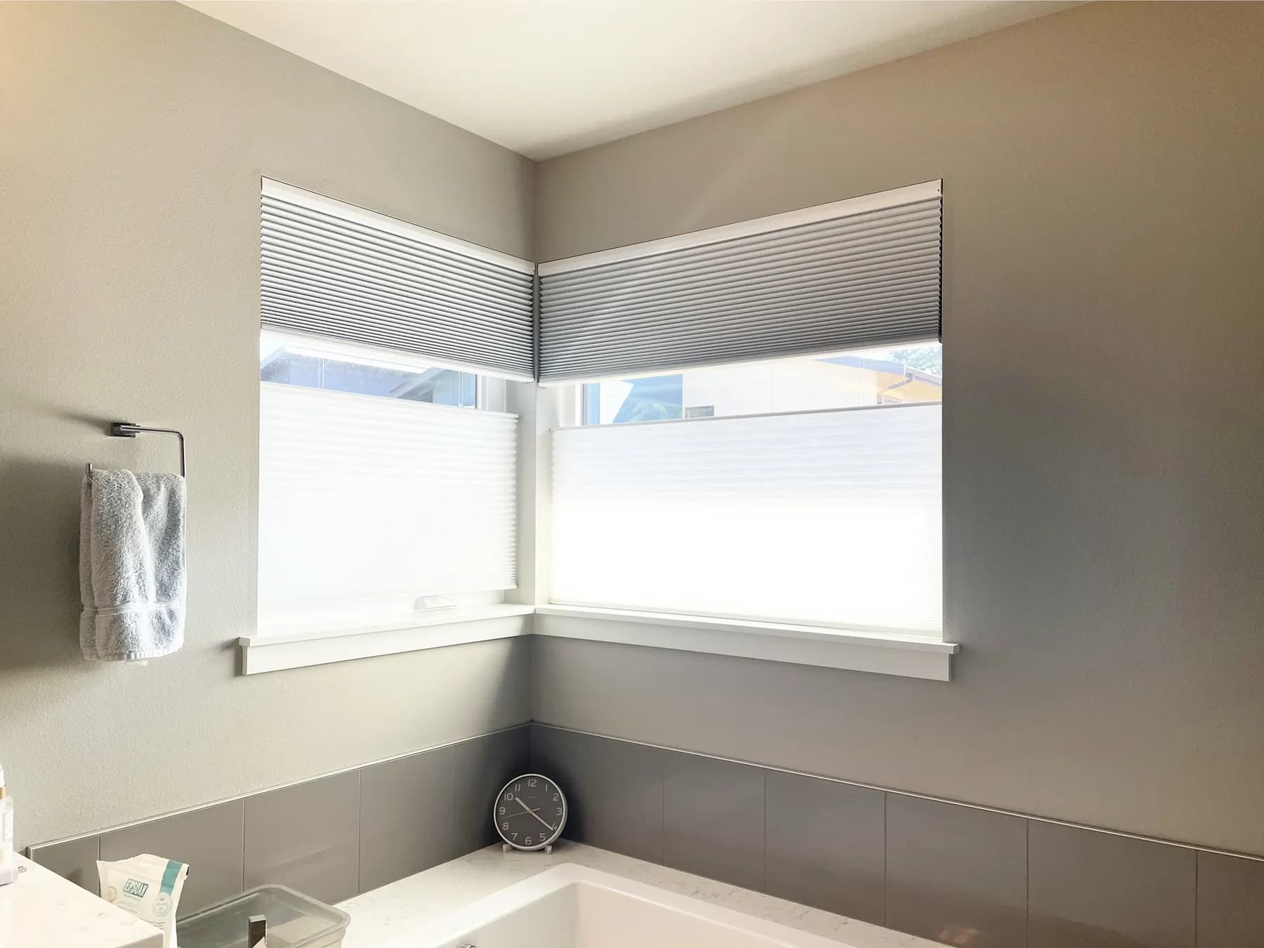 Motorized Light Filtering and Room Darkening Honeycomb Shades for a Primary Bathroom in Kirkland