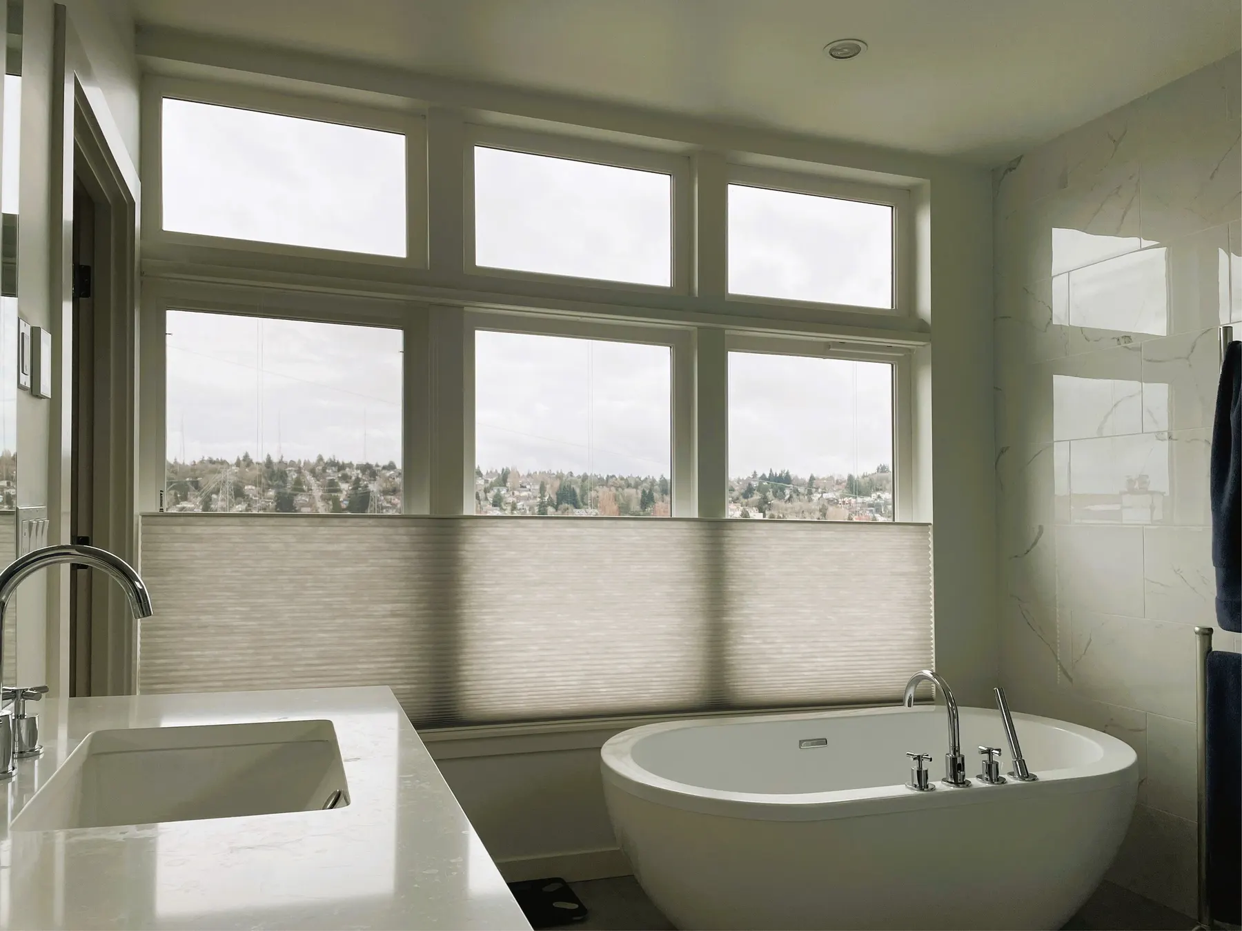 Motorized Honeycomb Shades for Primary Bathroom in Fremont, Seattle