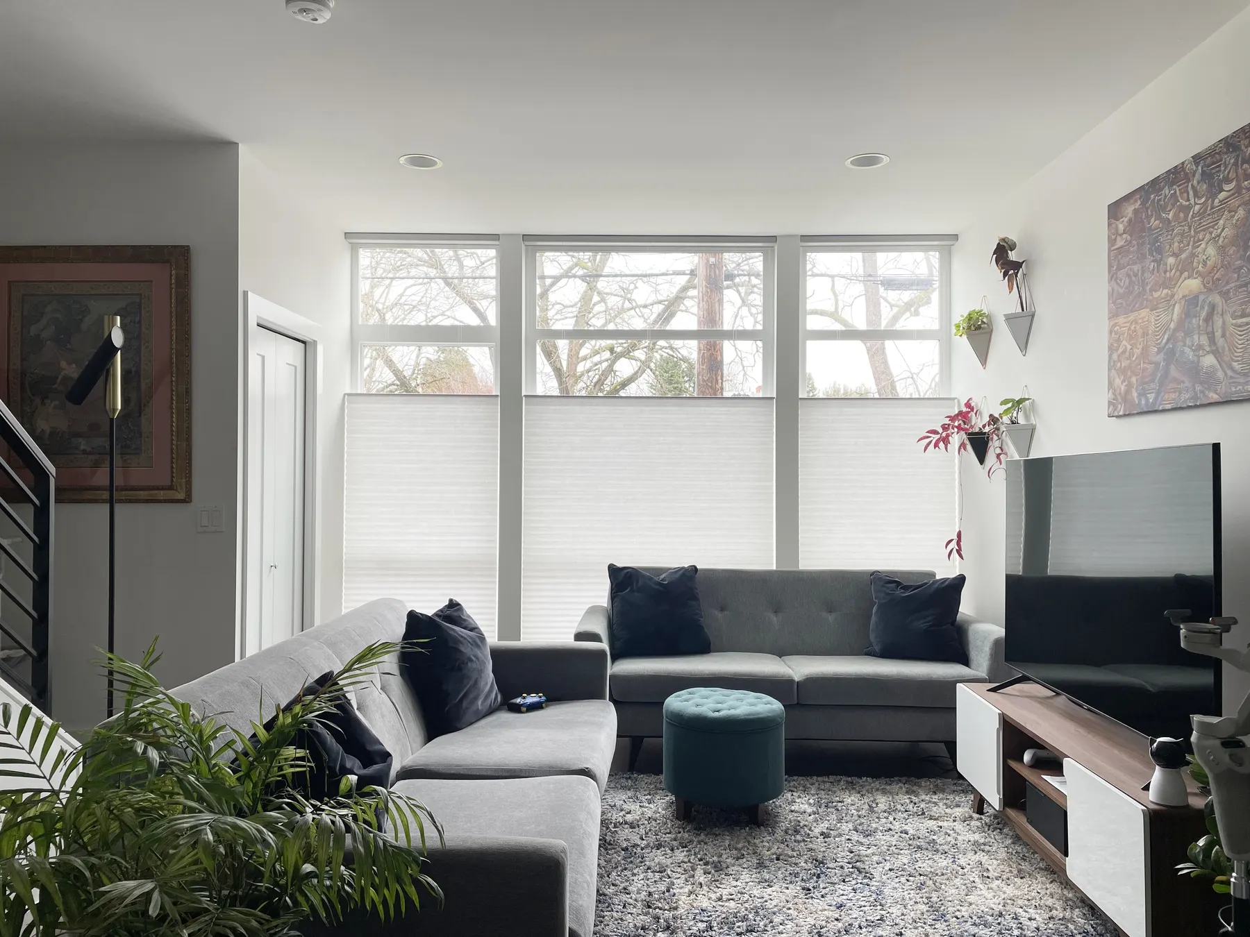 Motorized Honeycomb Shades for Floor-To-Ceiling Living Room Windows in Seattle