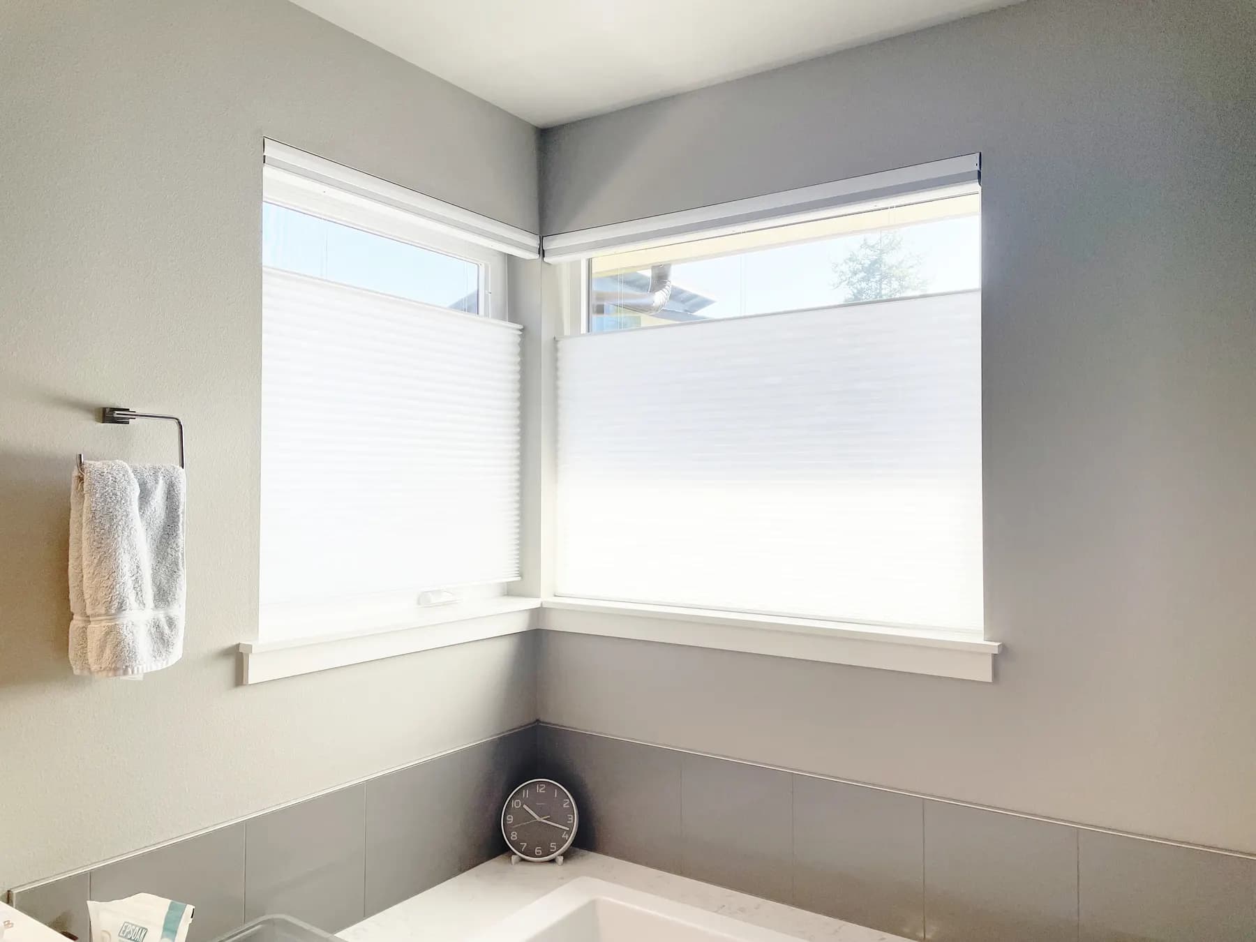 Motorized Honeycomb Shades for a Primary Bathroom in Kirkland