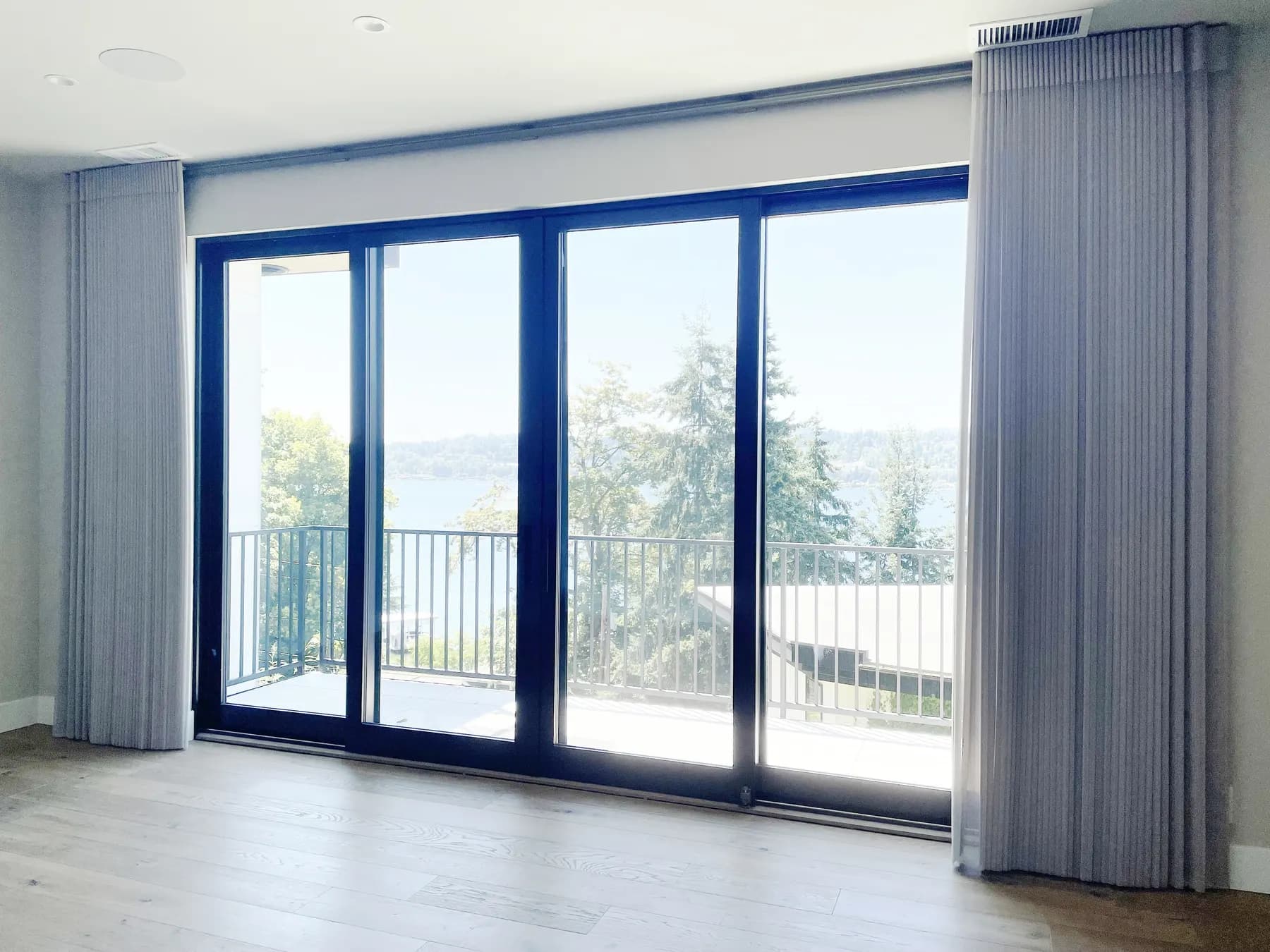 Motorized Luminette Sheers for a Large Sliding Door Fully Open in Mercer Island