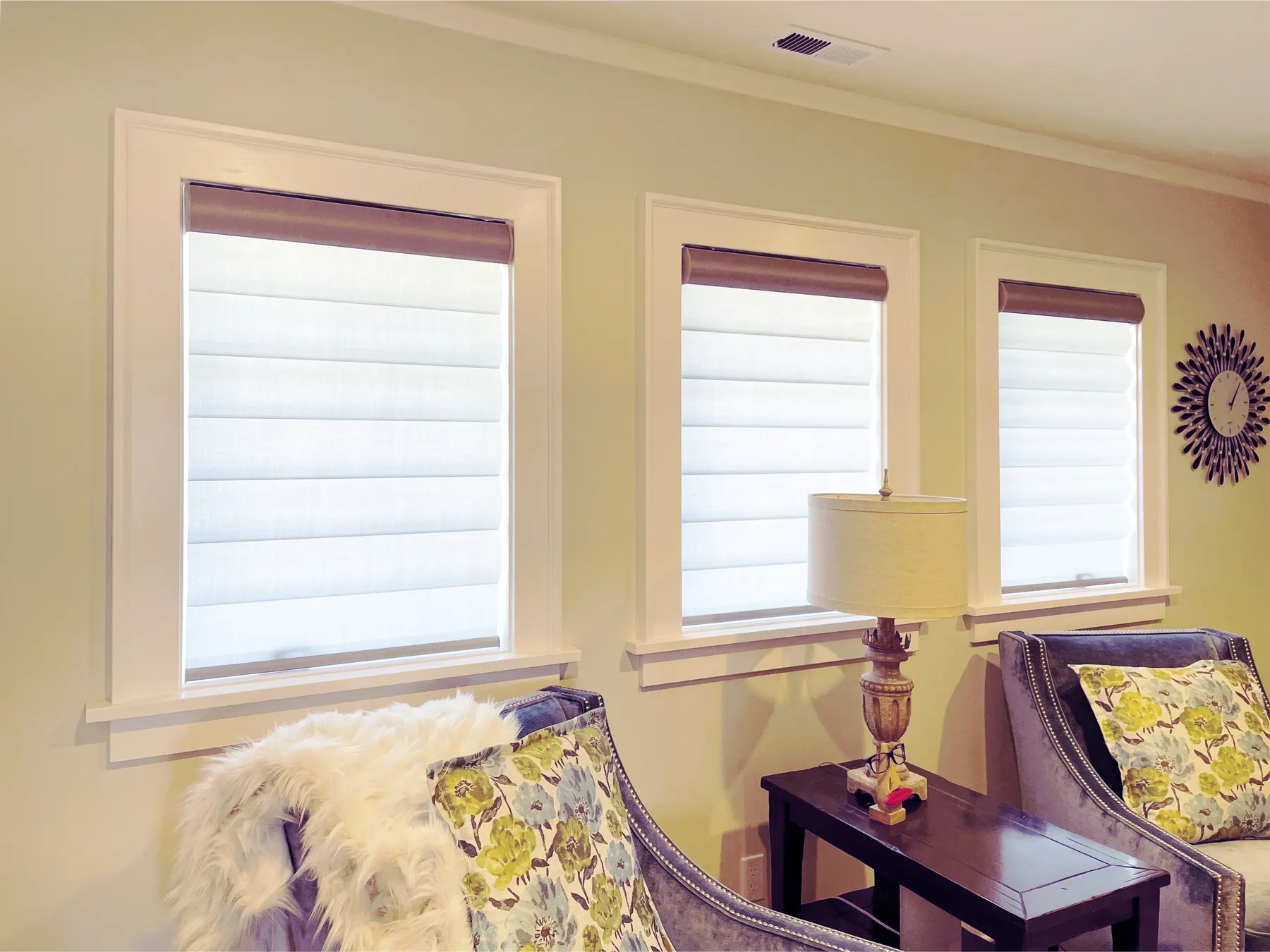 Motorized Light Filtering Pirouette Sheer Shades for a Shoreline Waterfront Home