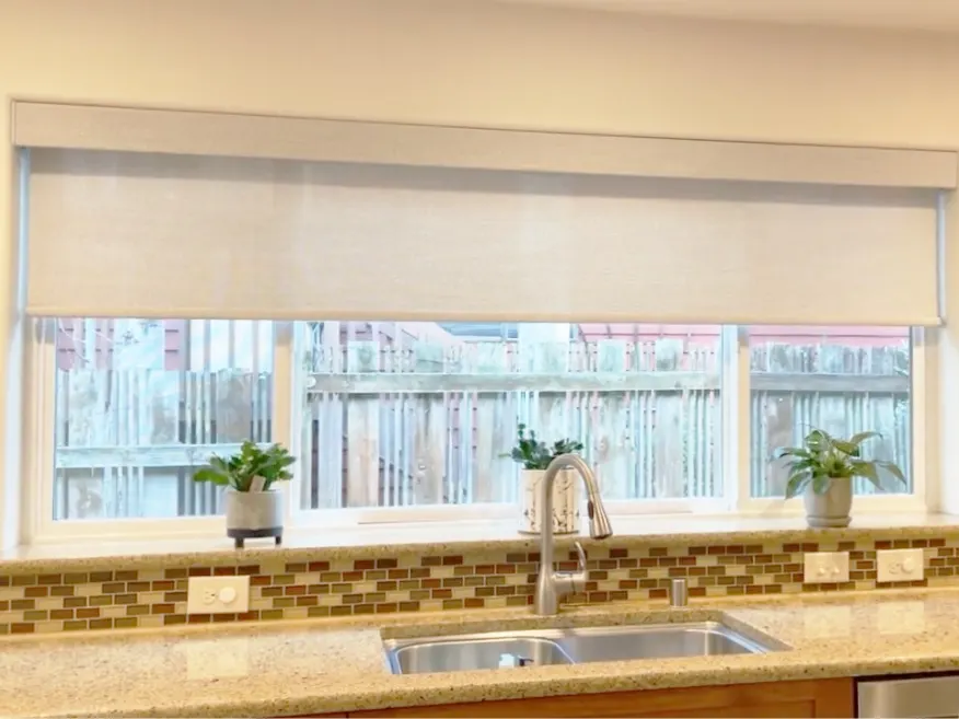 Motorized Solar Shades partially raised for Kitchen in Ballard, Seattle