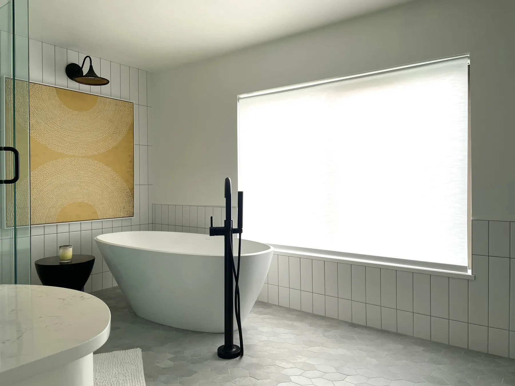 Roller shades for a large window in a Seattle bathroom