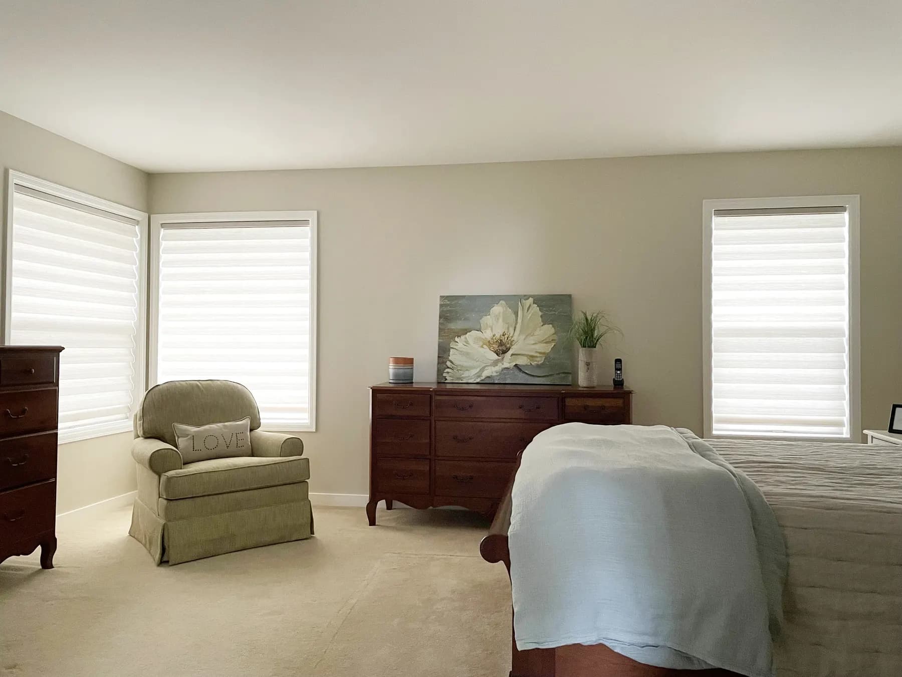 Roman Shades in a Remodeled Primary Bedroom in Brier