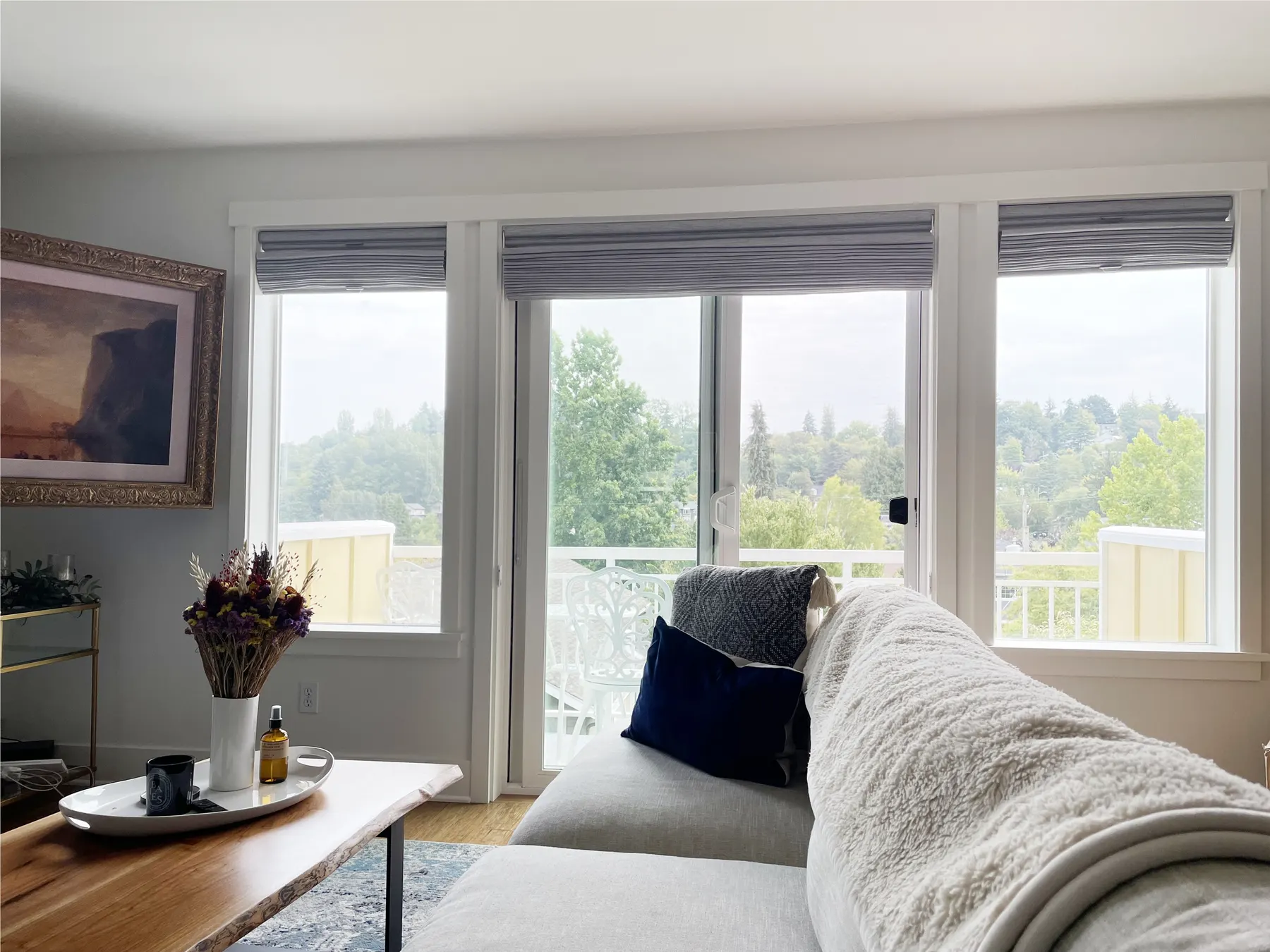 Roman Shades Raised for Living Windows & Sliding Glass Door in Madison Park, Seattle