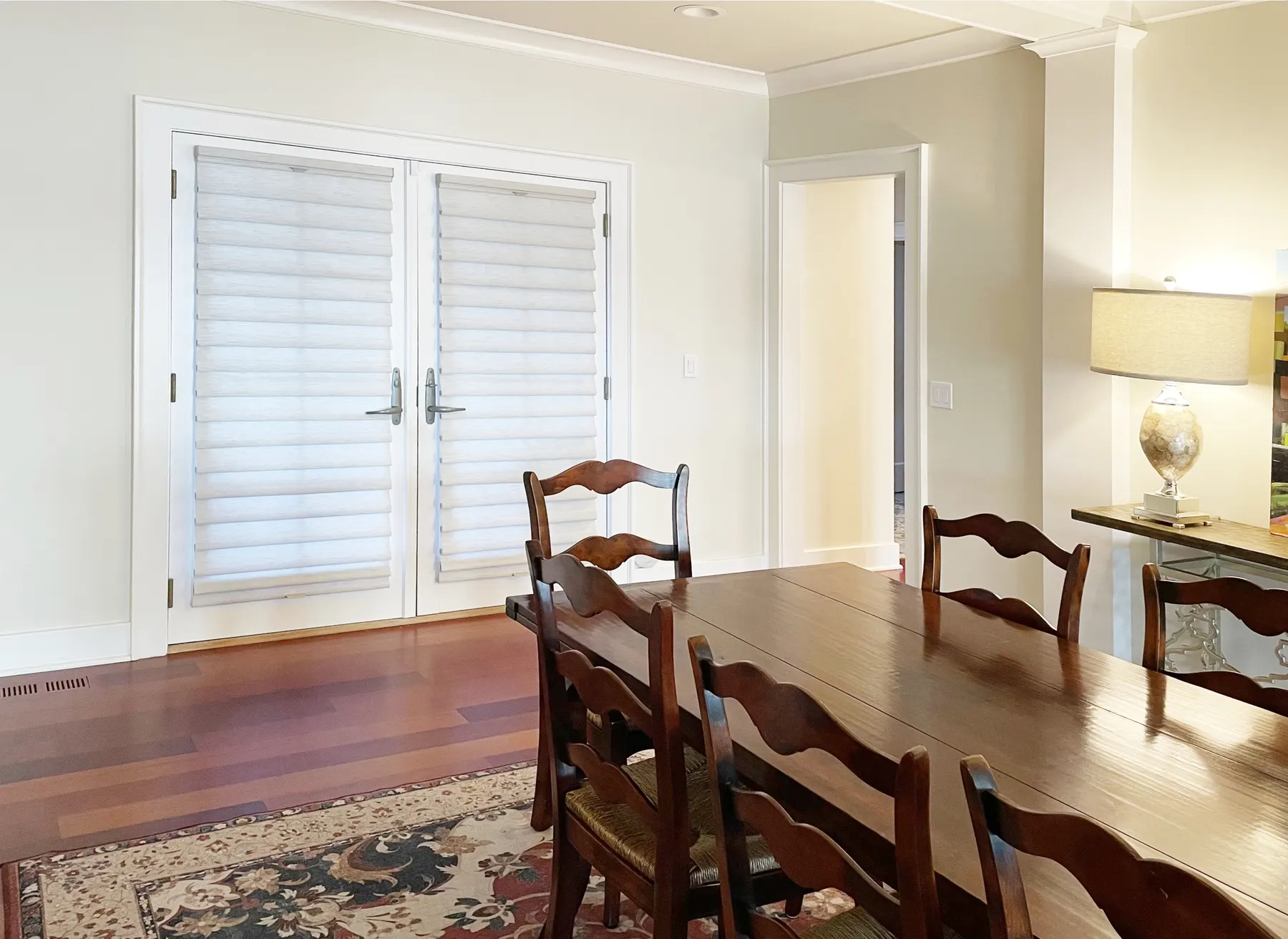 Roman Shades in Dining Room French Door in Richmond Beach, Shoreline Home