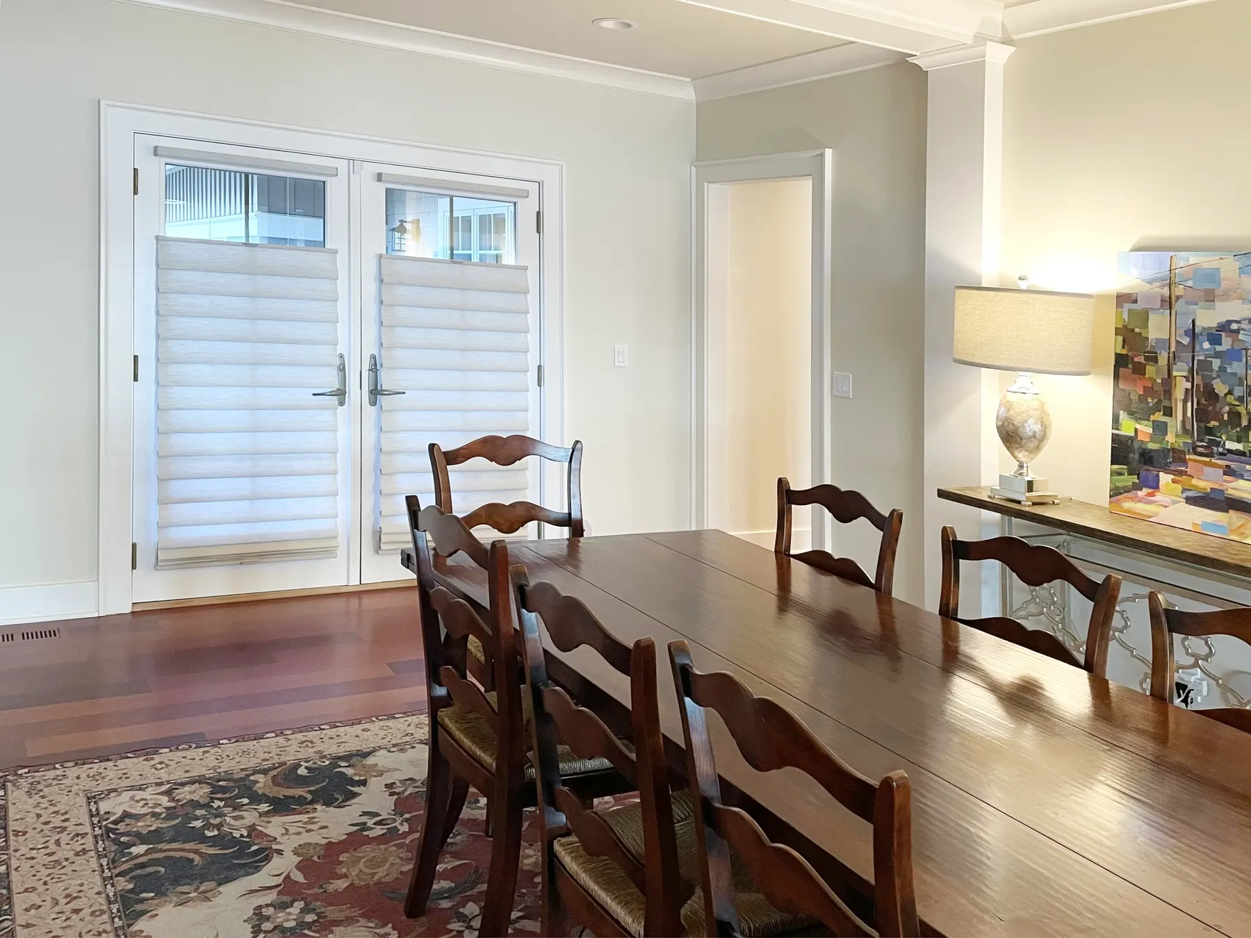 Roman Shades Top-Down in Dining Room French Door in Richmond Beach, Shoreline Home