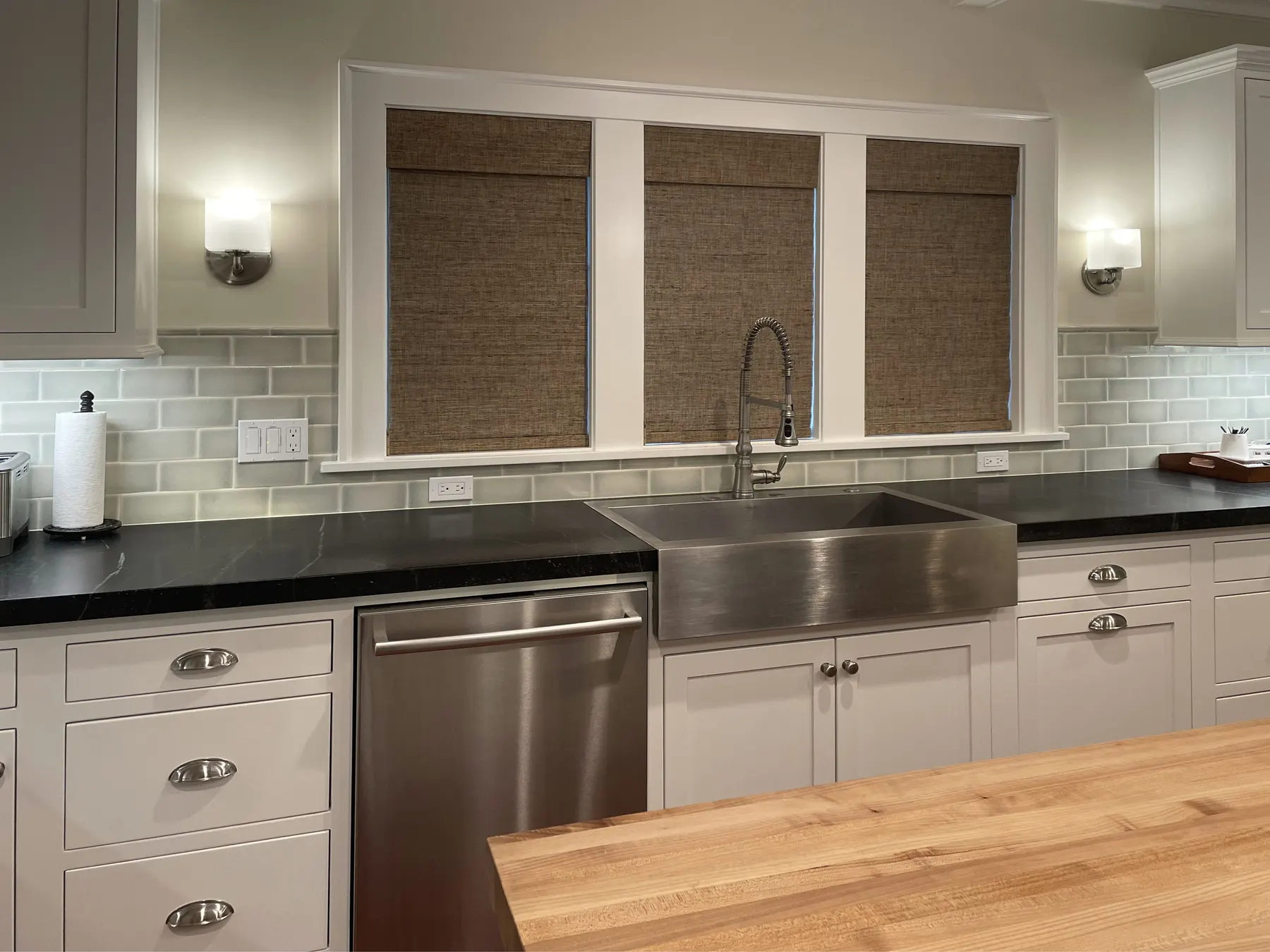 Woven Wood Shades in a Remodeled Kitchen in Shoreline