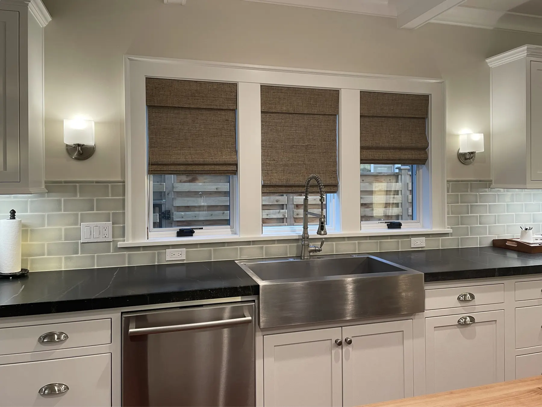 Woven Wood Shades Partially Raised in a Remodeled Kitchen in Shoreline