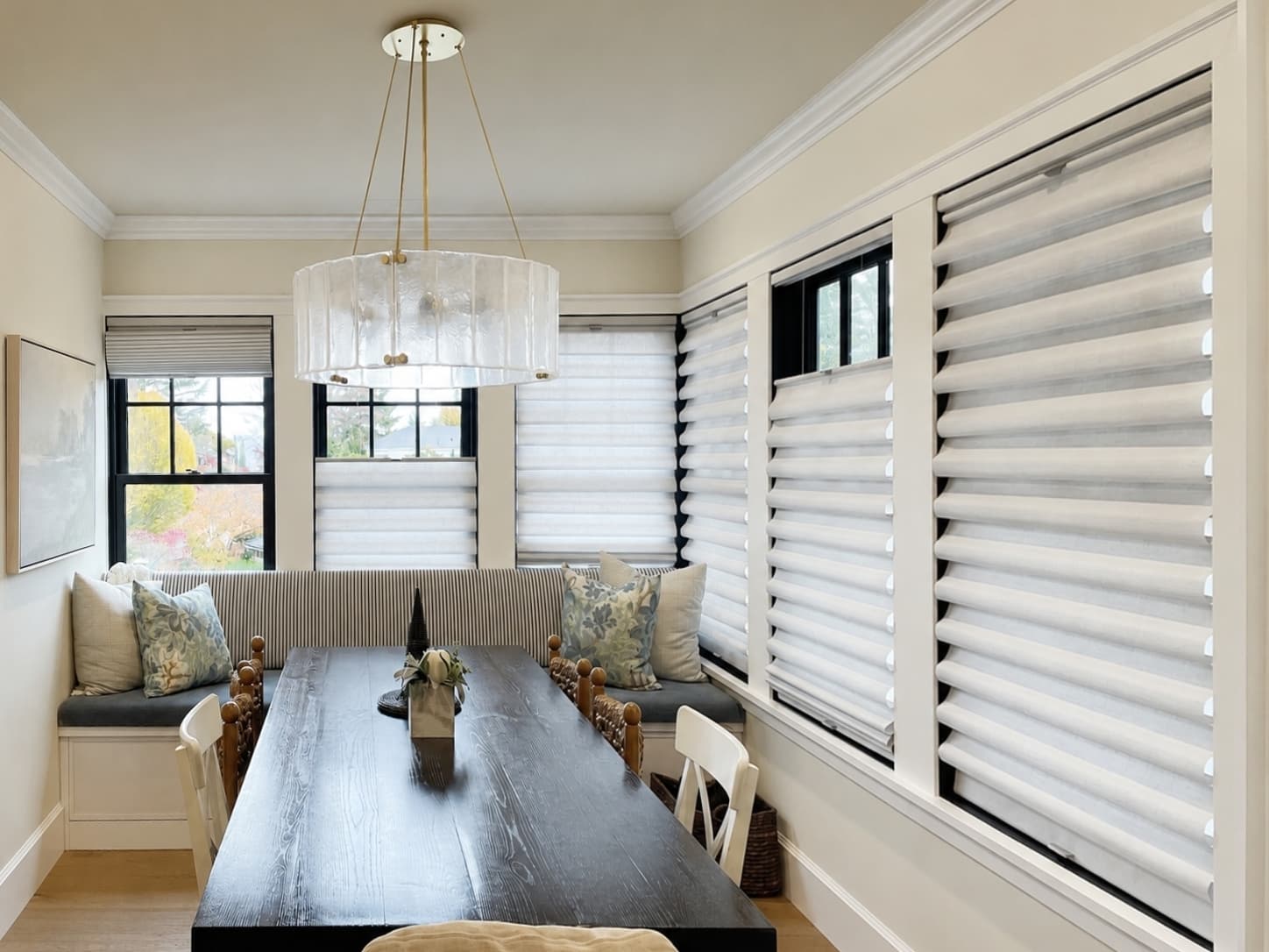 Custom Roman shades installed in a Seattle dining room